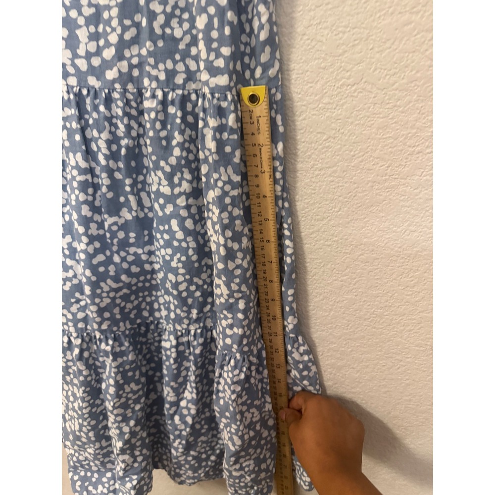 Matty M Blue White Dot Linen Blend Tiered Mini Dress V-Neck Pockets Large MD9210 - Picture 7 of 8